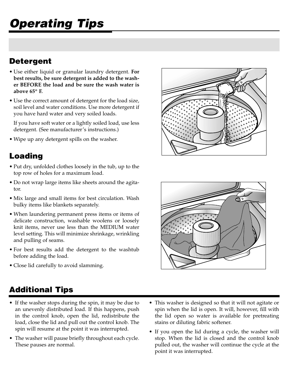 Operating tips, Loading, Additional tips | Detergent | Maytag LAT2500AAE User Manual | Page 3 / 28