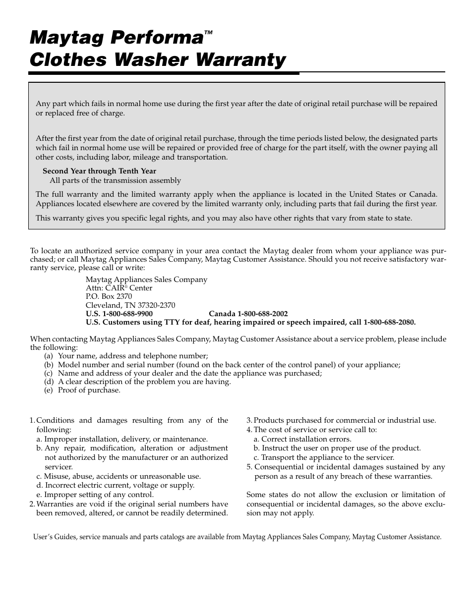 Maytag performa, Clothes washer warranty | Maytag LAT2500AAE User Manual | Page 9 / 28