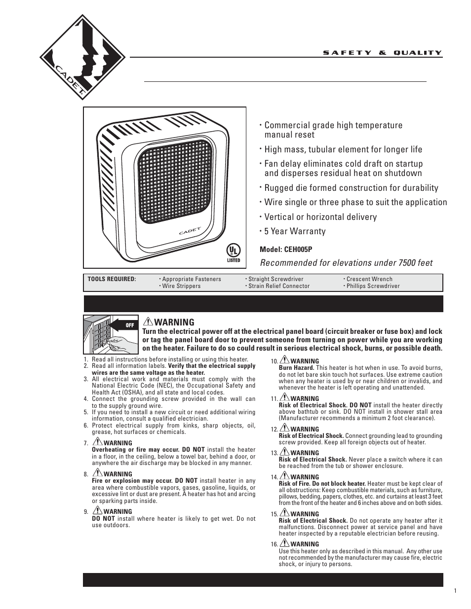 Cadet CEH-005M User Manual | 6 pages