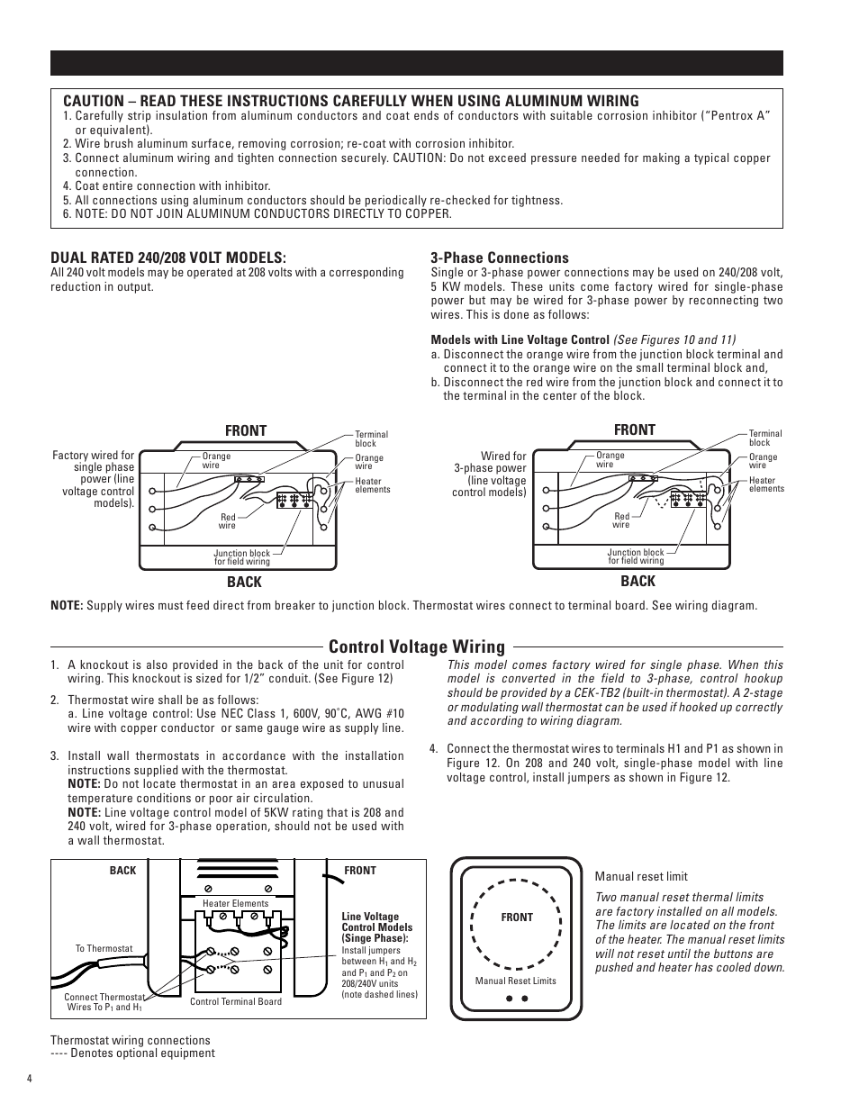 Wiring instructions, Control voltage wiring, Phase connections | Front back | Cadet CEH-005M User Manual | Page 4 / 6