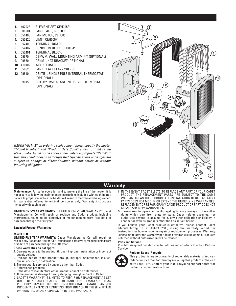 Parts list, Warranty | Cadet CEH-005M User Manual | Page 6 / 6