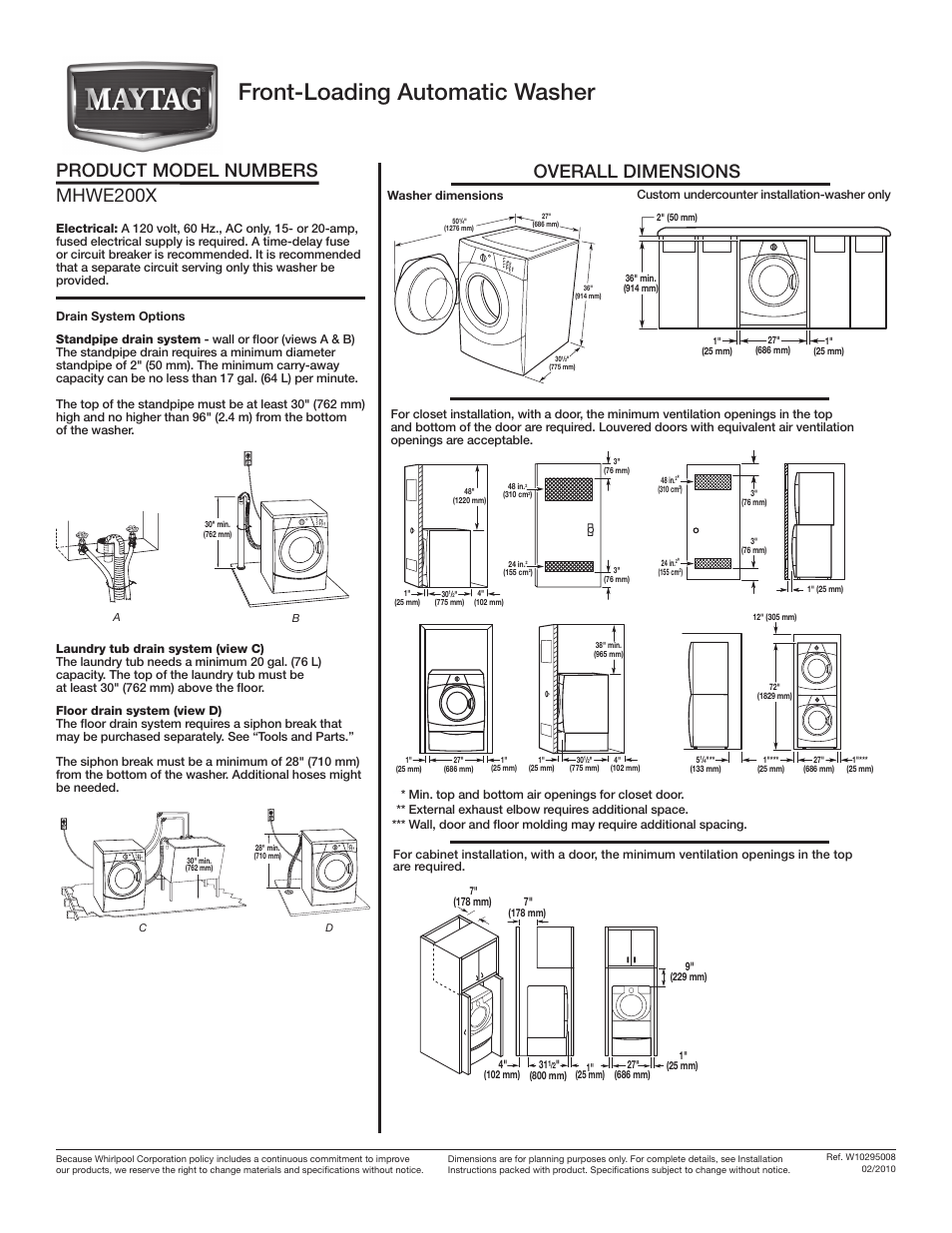 Maytag MHWE200XW Dimension Guide User Manual | 1 page