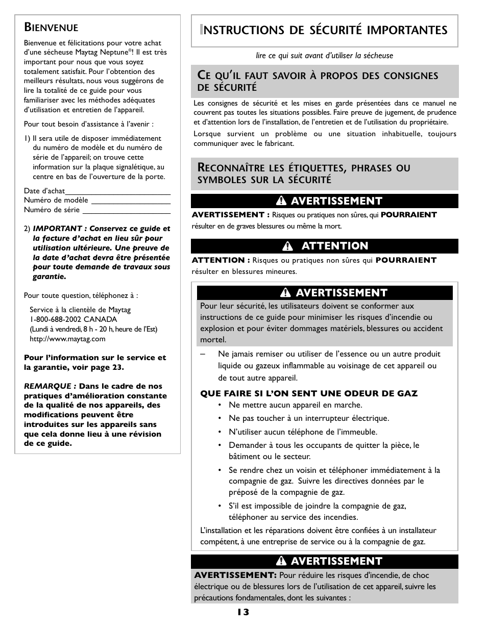 Nstructions de sécurité importantes, Avertissement, Attention avertissement | Maytag MDE6800AZW User Manual | Page 14 / 36