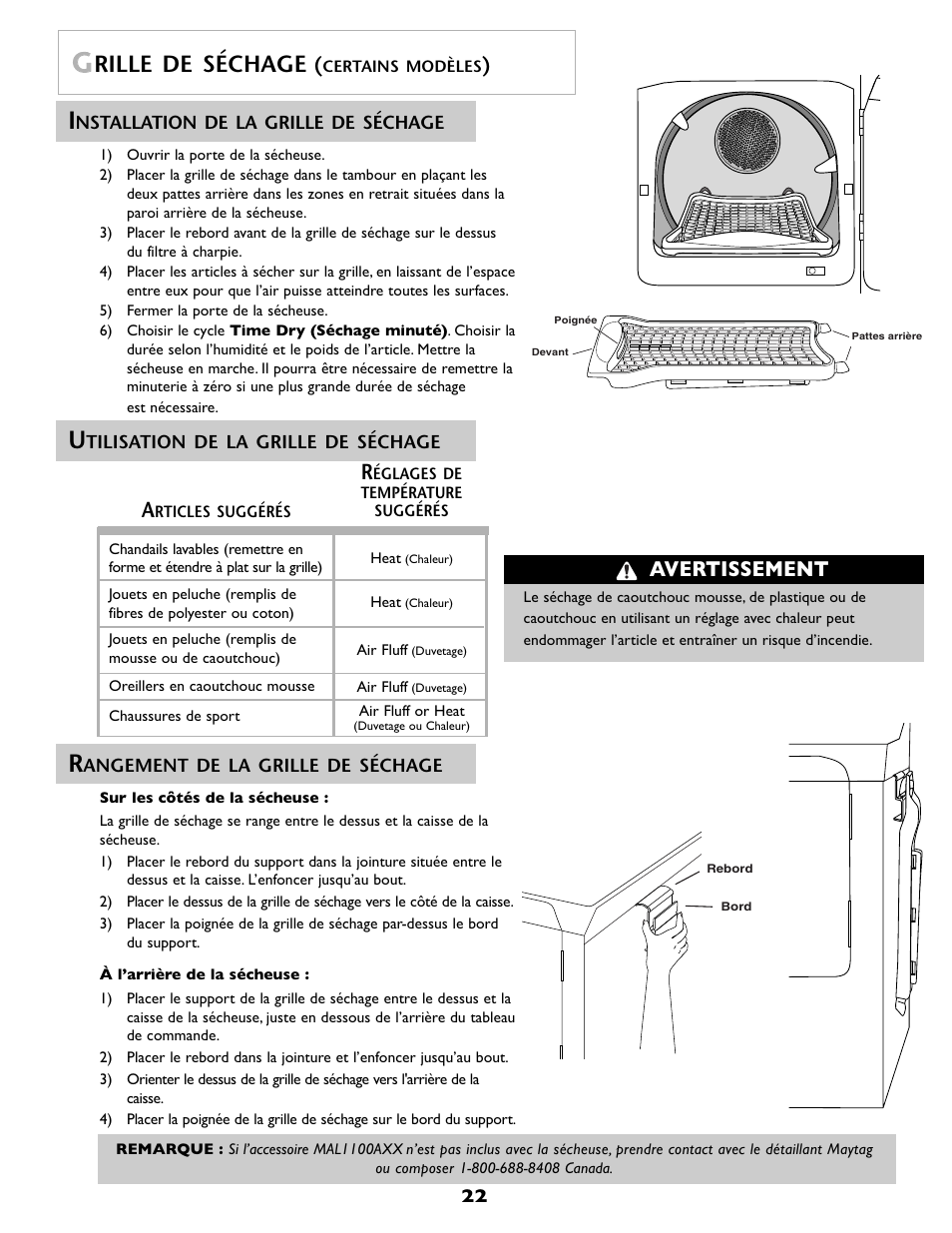 Rille de séchage, Avertissement | Maytag MDE6800AZW User Manual | Page 23 / 36