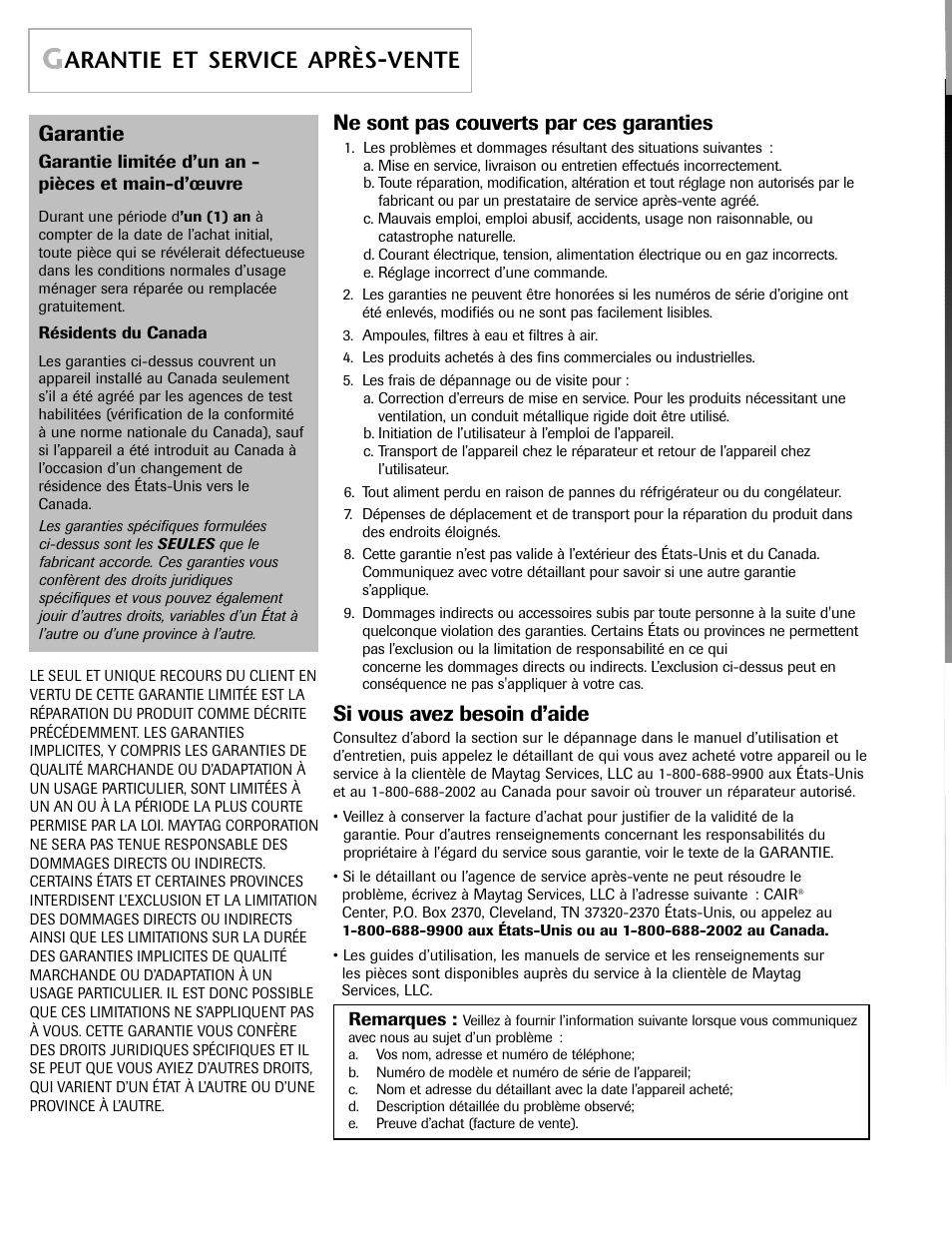 Arantie et service après, Vente, Garantie | Ne sont pas couverts par ces garanties, Si vous avez besoin d’aide | Maytag MDE6800AZW User Manual | Page 24 / 36