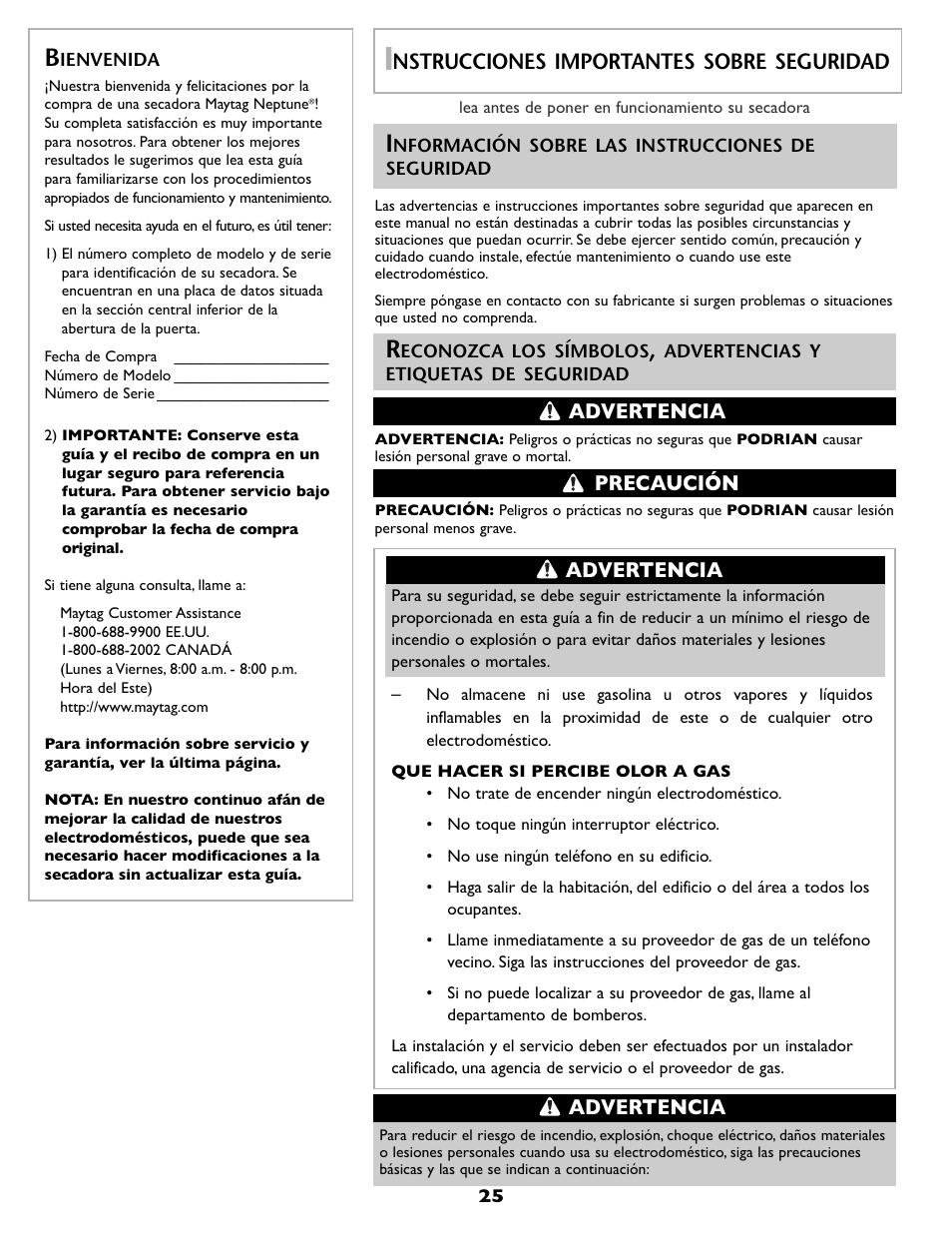 Nstrucciones importantes sobre seguridad, Advertencia, Precaución advertencia | Maytag MDE6800AZW User Manual | Page 26 / 36