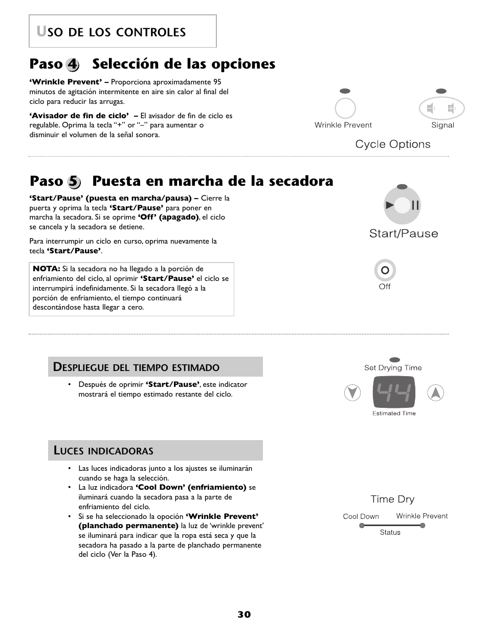 Paso 5 puesta en marcha de la secadora, Paso 4 selección de las opciones, So de los controles | Start/pause, Cycle options | Maytag MDE6800AZW User Manual | Page 31 / 36