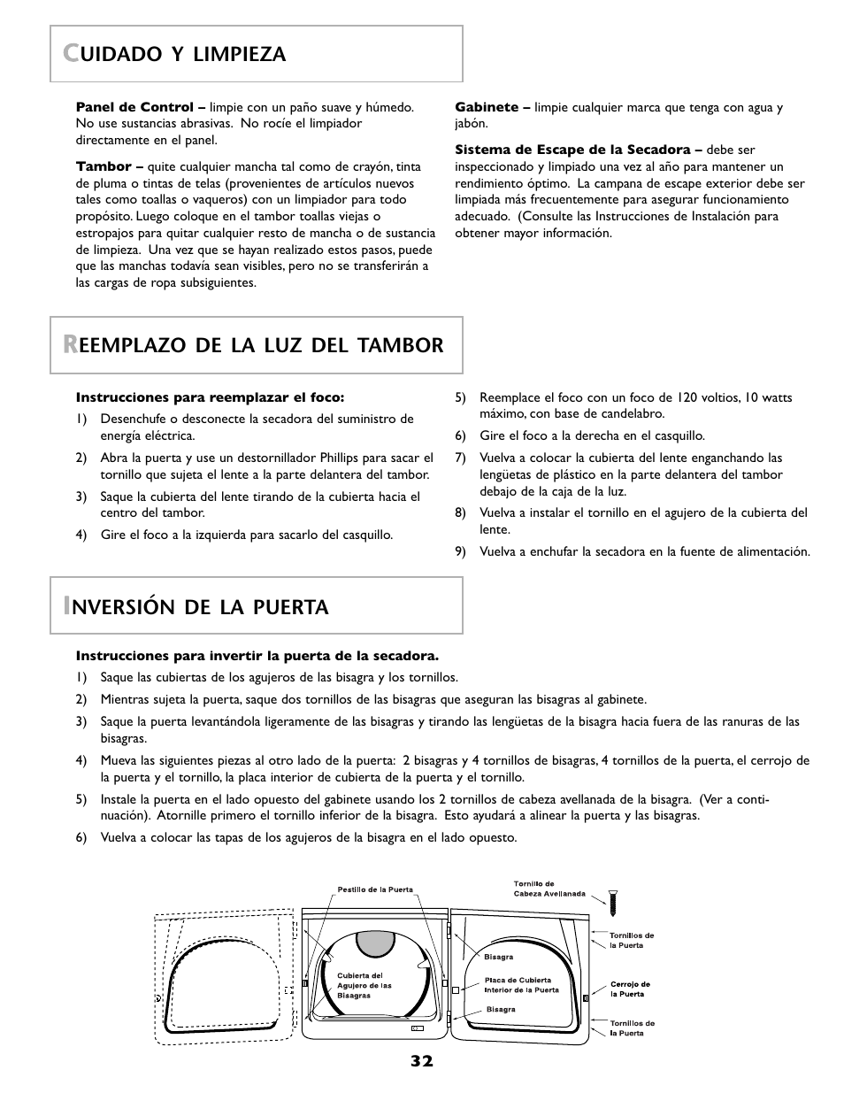 Uidado y limpieza, Eemplazo de la luz del tambor, Nversión de la puerta | Maytag MDE6800AZW User Manual | Page 33 / 36