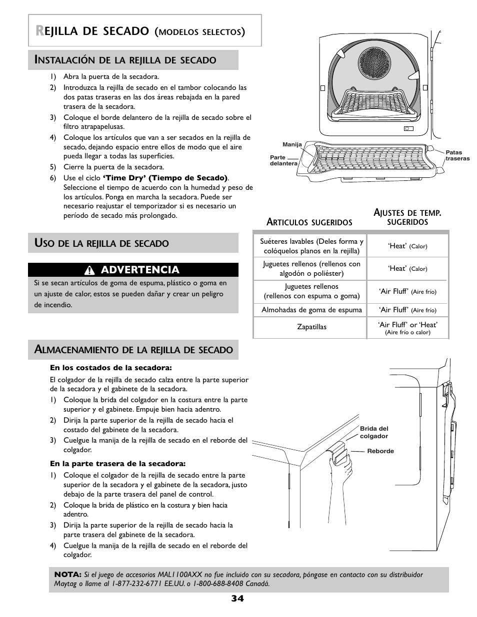 Ejilla de secado, Advertencia | Maytag MDE6800AZW User Manual | Page 35 / 36