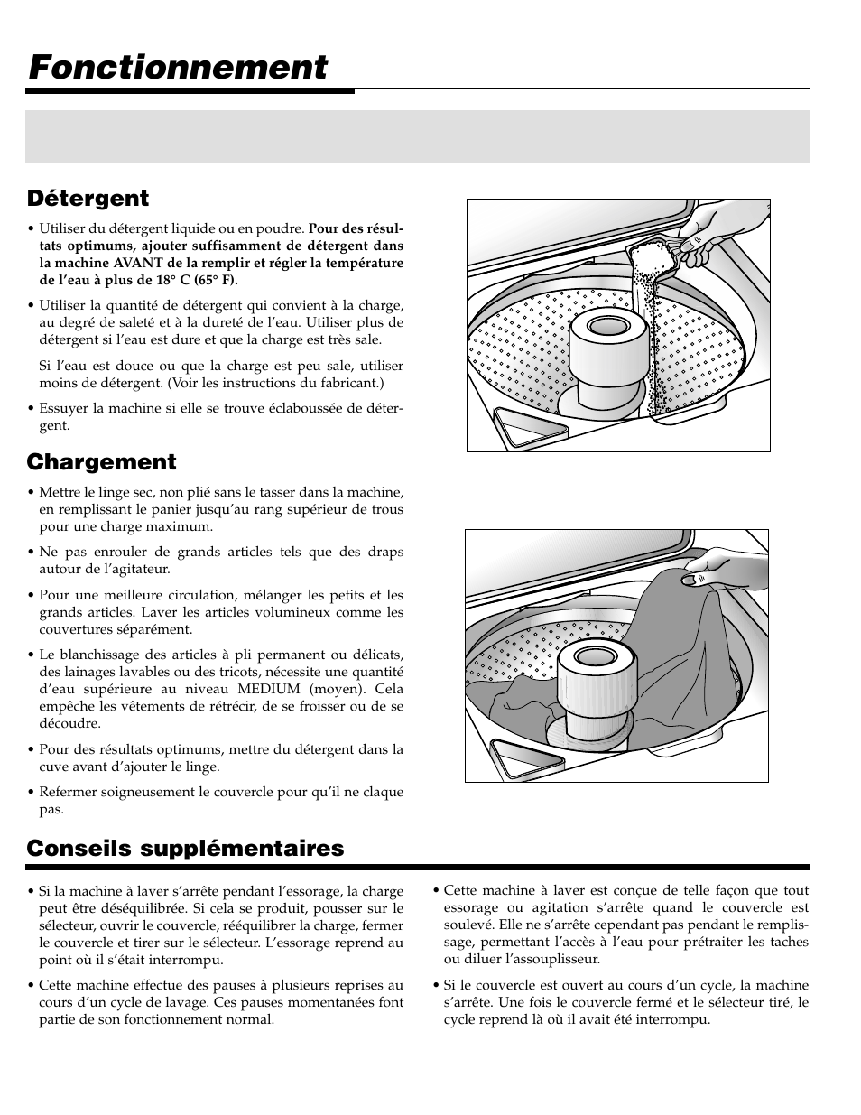 Fonctionnement, Chargement, Conseils supplémentaires | Détergent | Maytag LAT3500AAE User Manual | Page 13 / 28