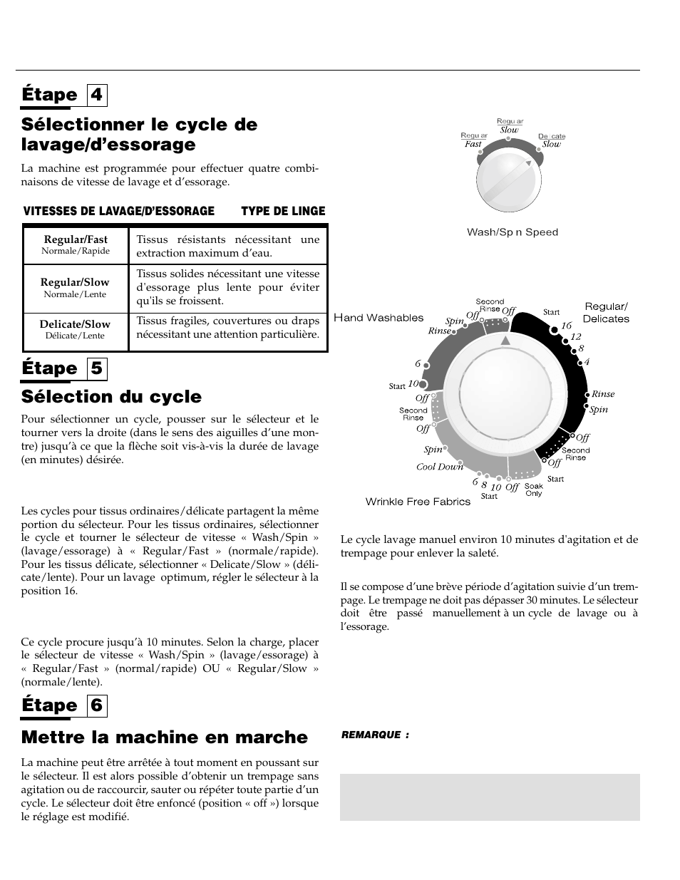 Sélection du cycle, Mettre la machine en marche, Étape 5 étape 6 | Sélectionner le cycle de lavage/d’essorage, Étape 4 | Maytag LAT3500AAE User Manual | Page 15 / 28