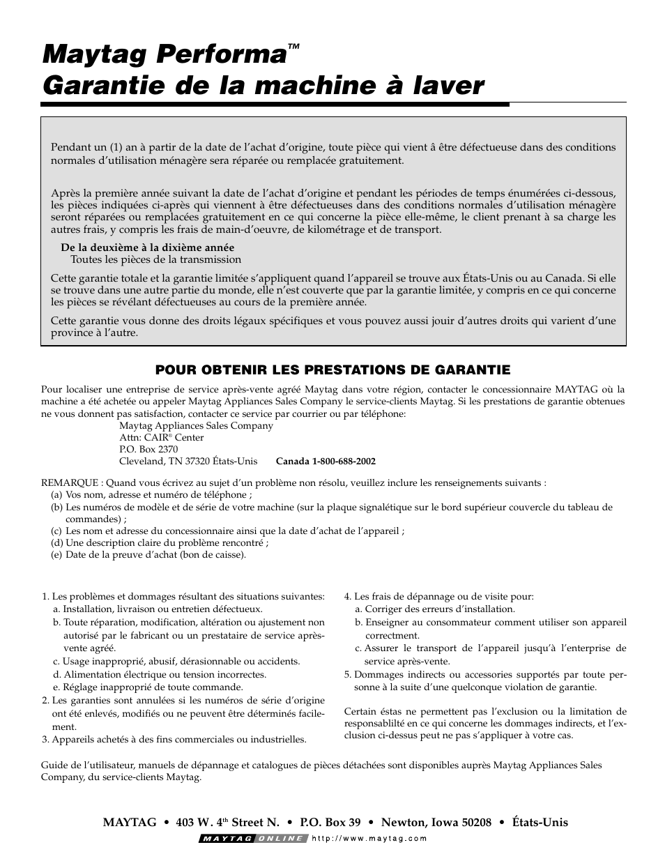 Maytag performa, Garantie de la machine à laver | Maytag LAT3500AAE User Manual | Page 19 / 28
