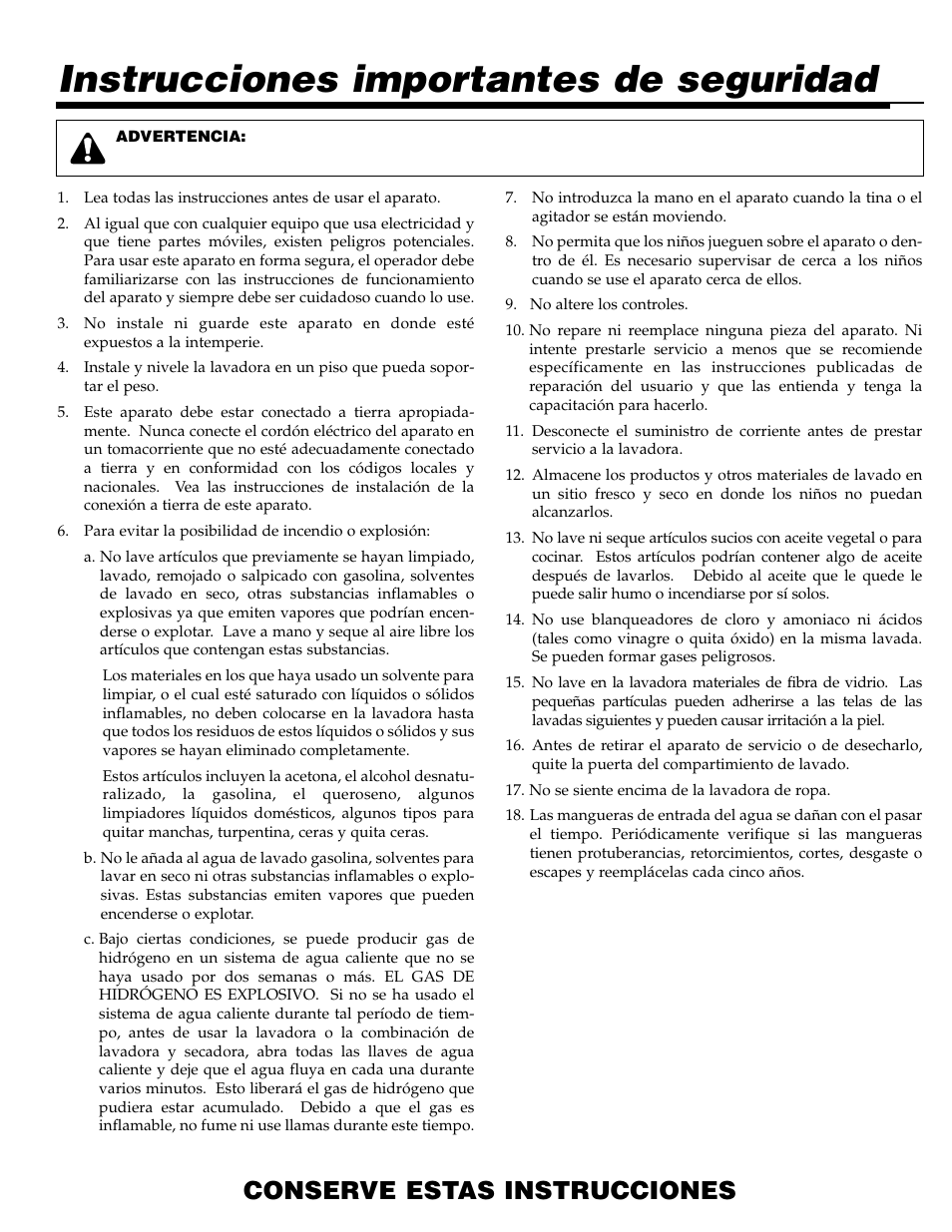 Instrucciones importantes de seguridad, Conserve estas instrucciones | Maytag LAT3500AAE User Manual | Page 22 / 28