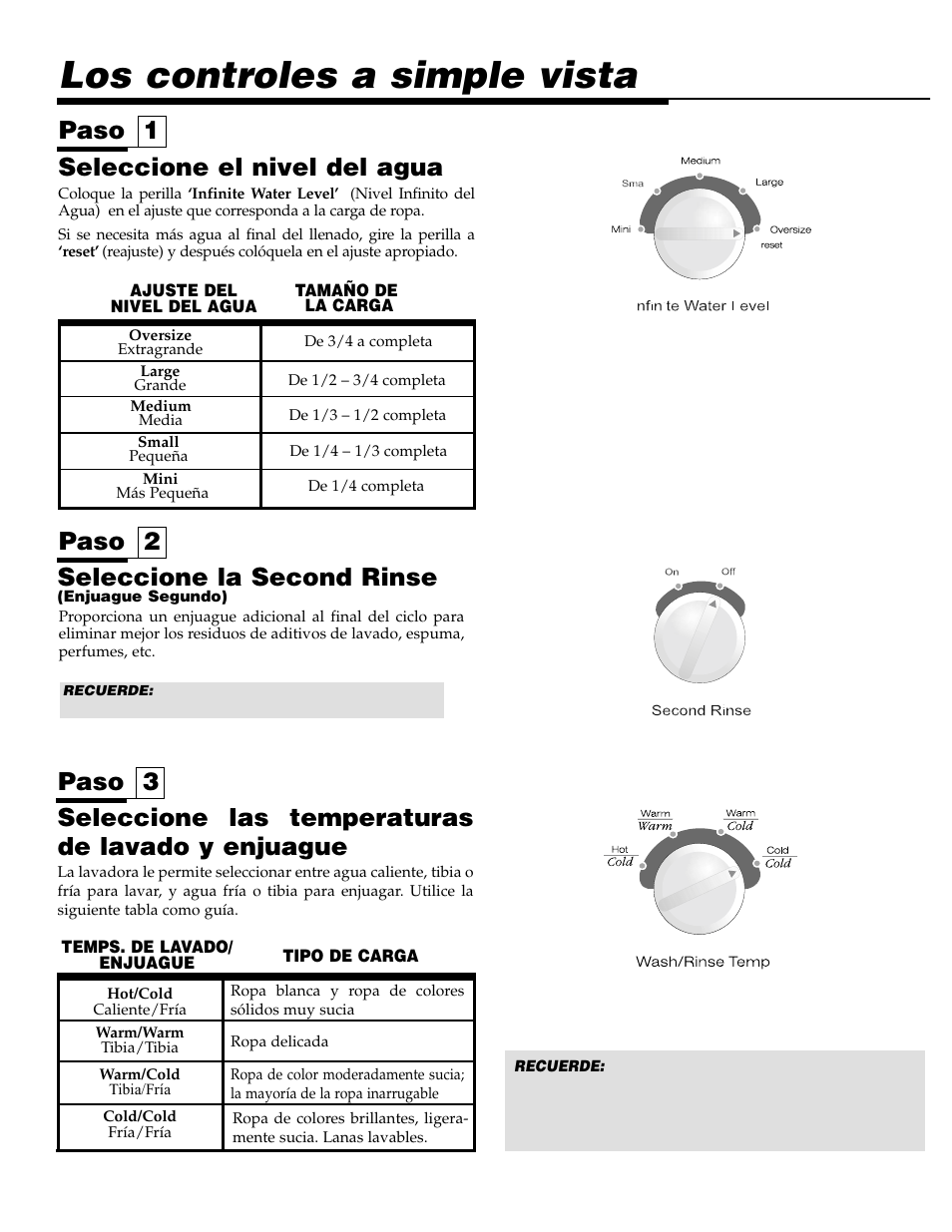 Los controles a simple vista, Paso 3 paso 1, Seleccione las temperaturas de lavado y enjuague | Seleccione el nivel del agua, Paso 2 seleccione la second rinse | Maytag LAT3500AAE User Manual | Page 24 / 28