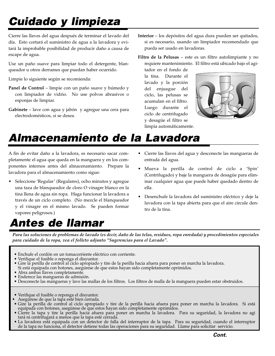 Cuidado y limpieza, Almacenamiento de la lavadora, Antes de llamar | Maytag LAT3500AAE User Manual | Page 27 / 28