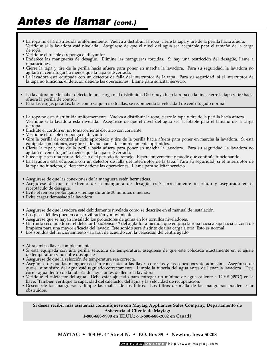 Antes de llamar, Cont.) | Maytag LAT3500AAE User Manual | Page 28 / 28
