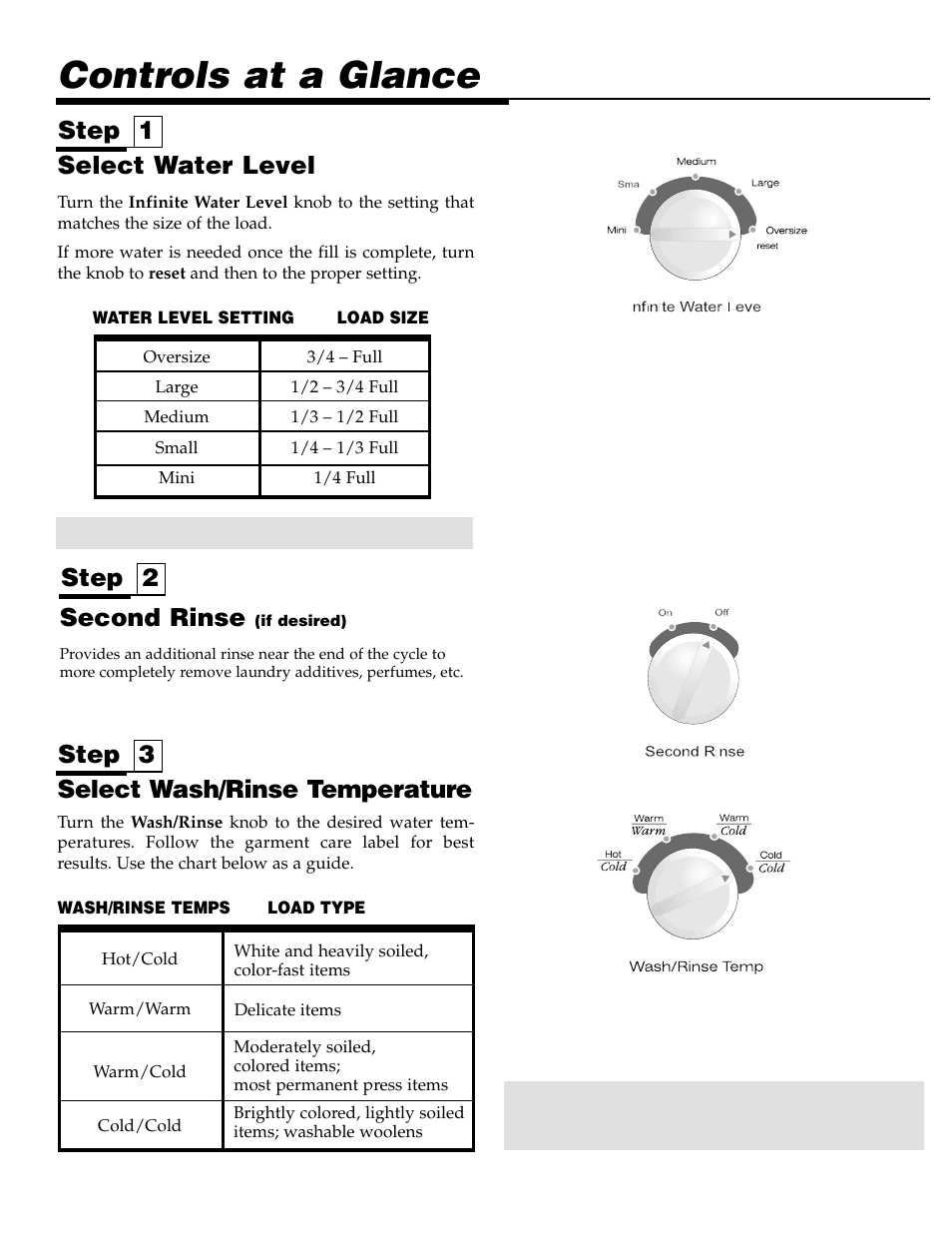 Controls at a glance, Step 3 step 1, Select wash/rinse temperature | Select water level, Step 2 second rinse | Maytag LAT3500AAE User Manual | Page 4 / 28