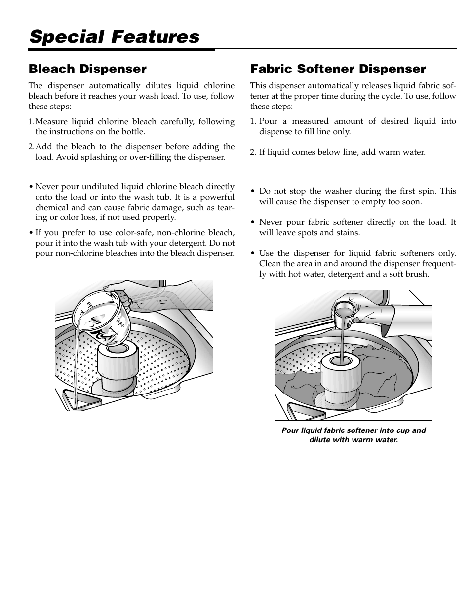 Special features, Bleach dispenser, Fabric softener dispenser | Maytag LAT3500AAE User Manual | Page 6 / 28