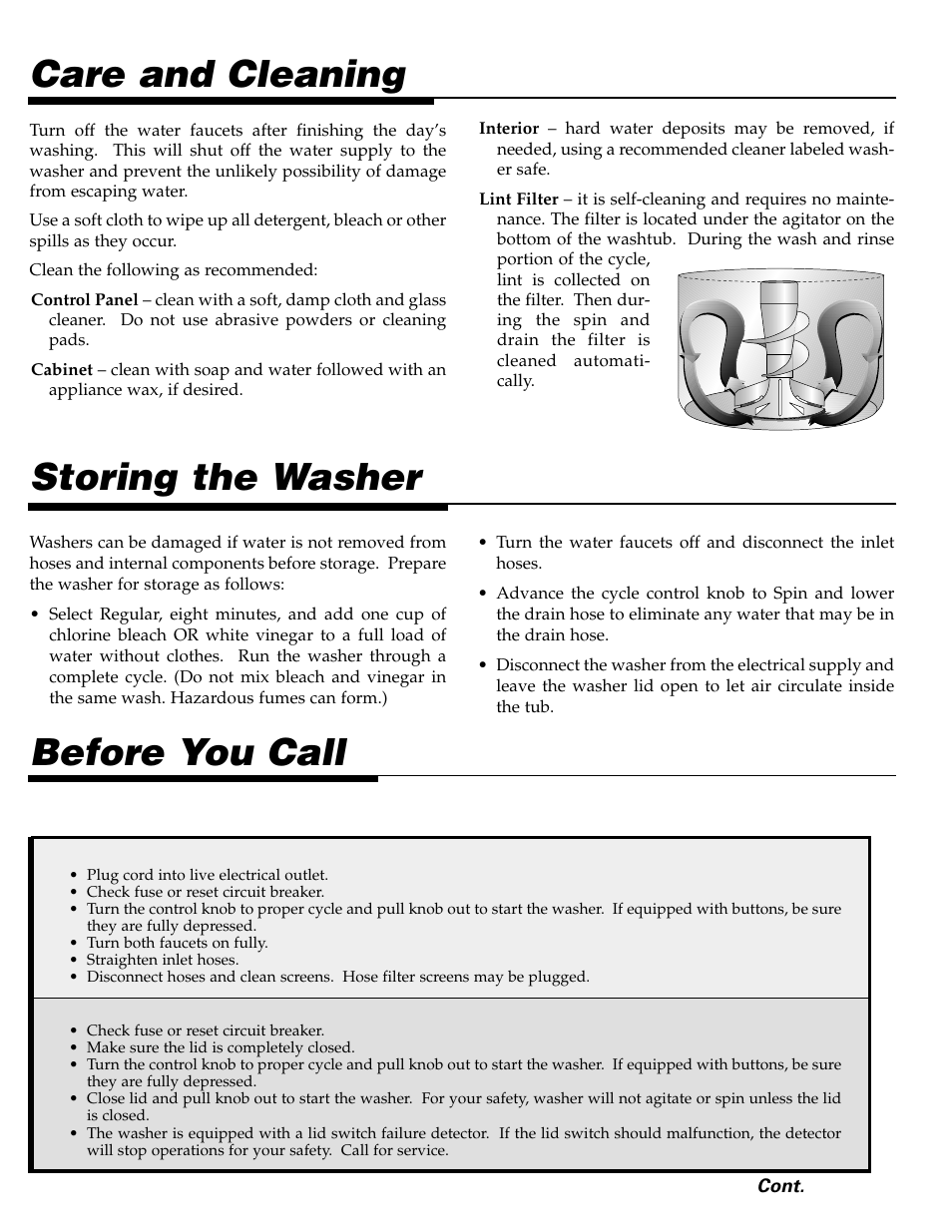 Care and cleaning, Storing the washer, Before you call | Maytag LAT3500AAE User Manual | Page 7 / 28