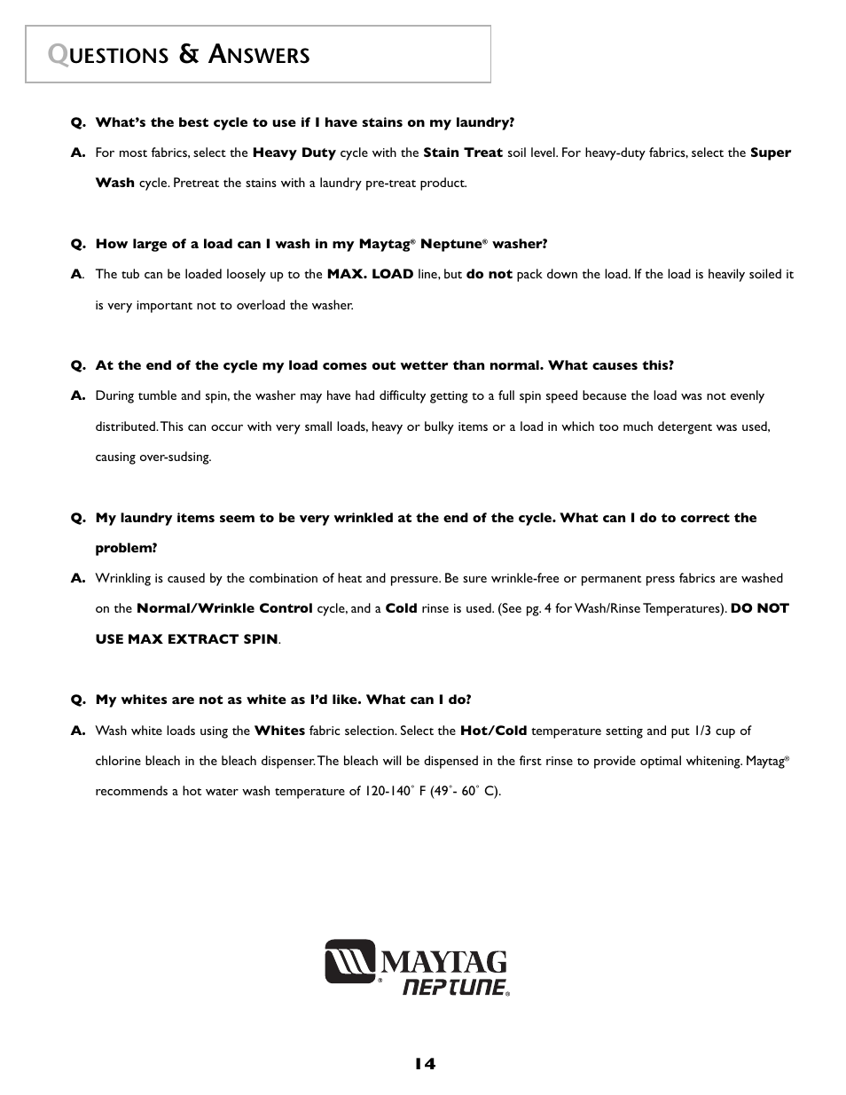 Uestions, Nswers | Maytag FAV6800AWQ User Manual | Page 15 / 48