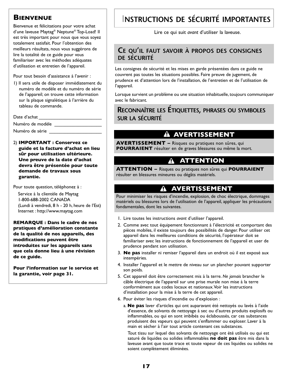 Nstructions de sécurité importantes, Avertissement attention, Avertissement | Maytag FAV6800AWQ User Manual | Page 18 / 48