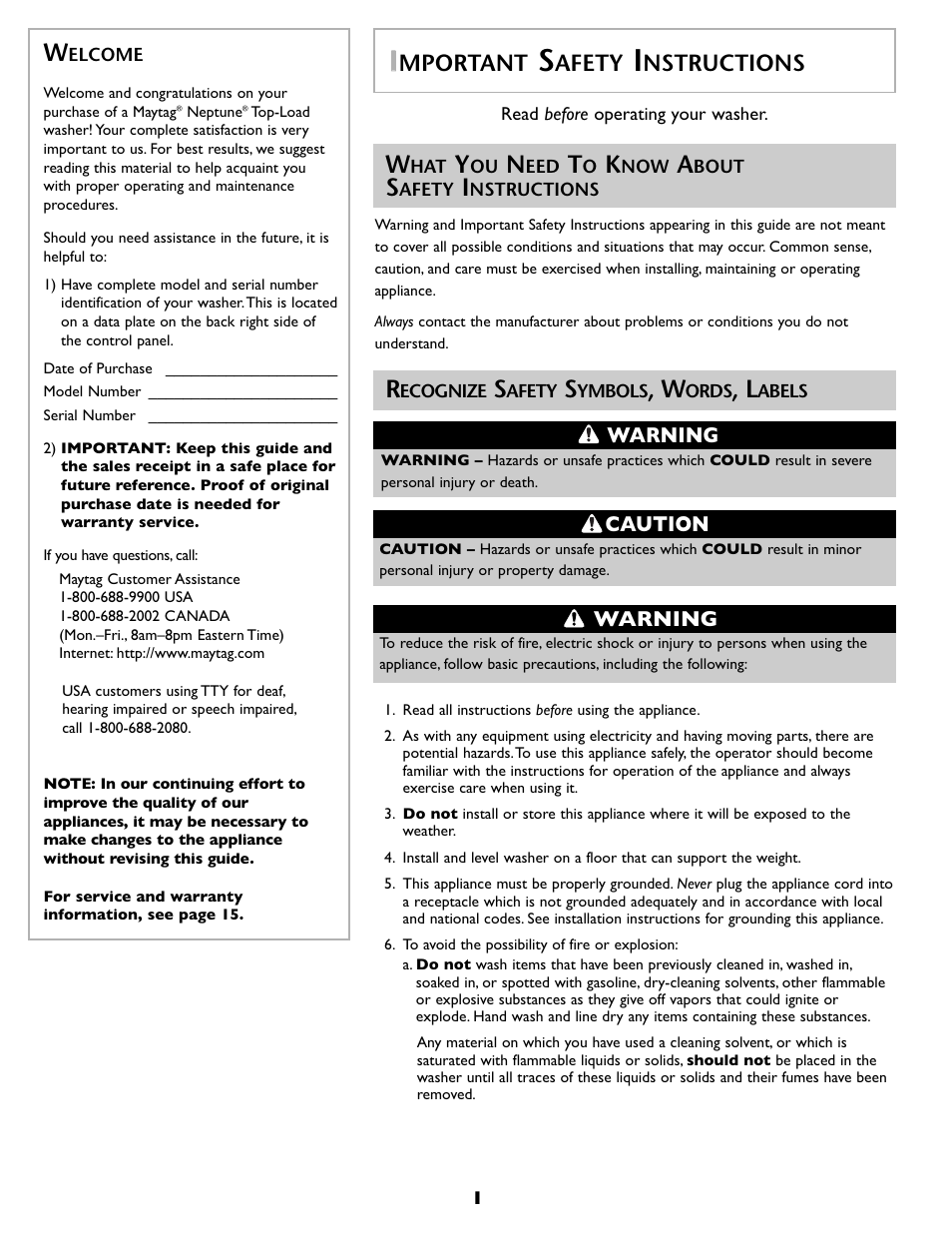 Mportant, Afety, Nstructions | Warning, Caution | Maytag FAV6800AWQ User Manual | Page 2 / 48