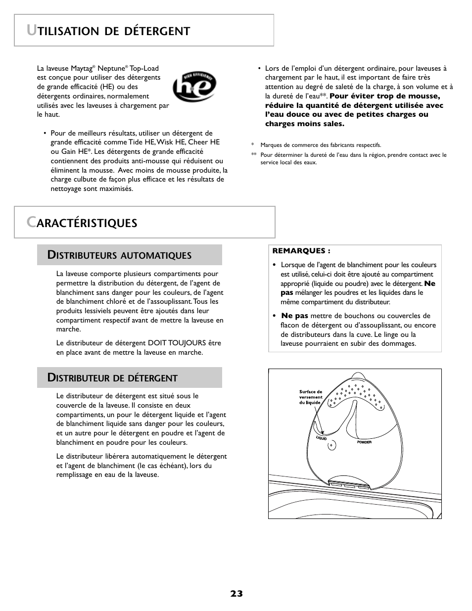 Tilisation de détergent, Aractéristiques | Maytag FAV6800AWQ User Manual | Page 24 / 48