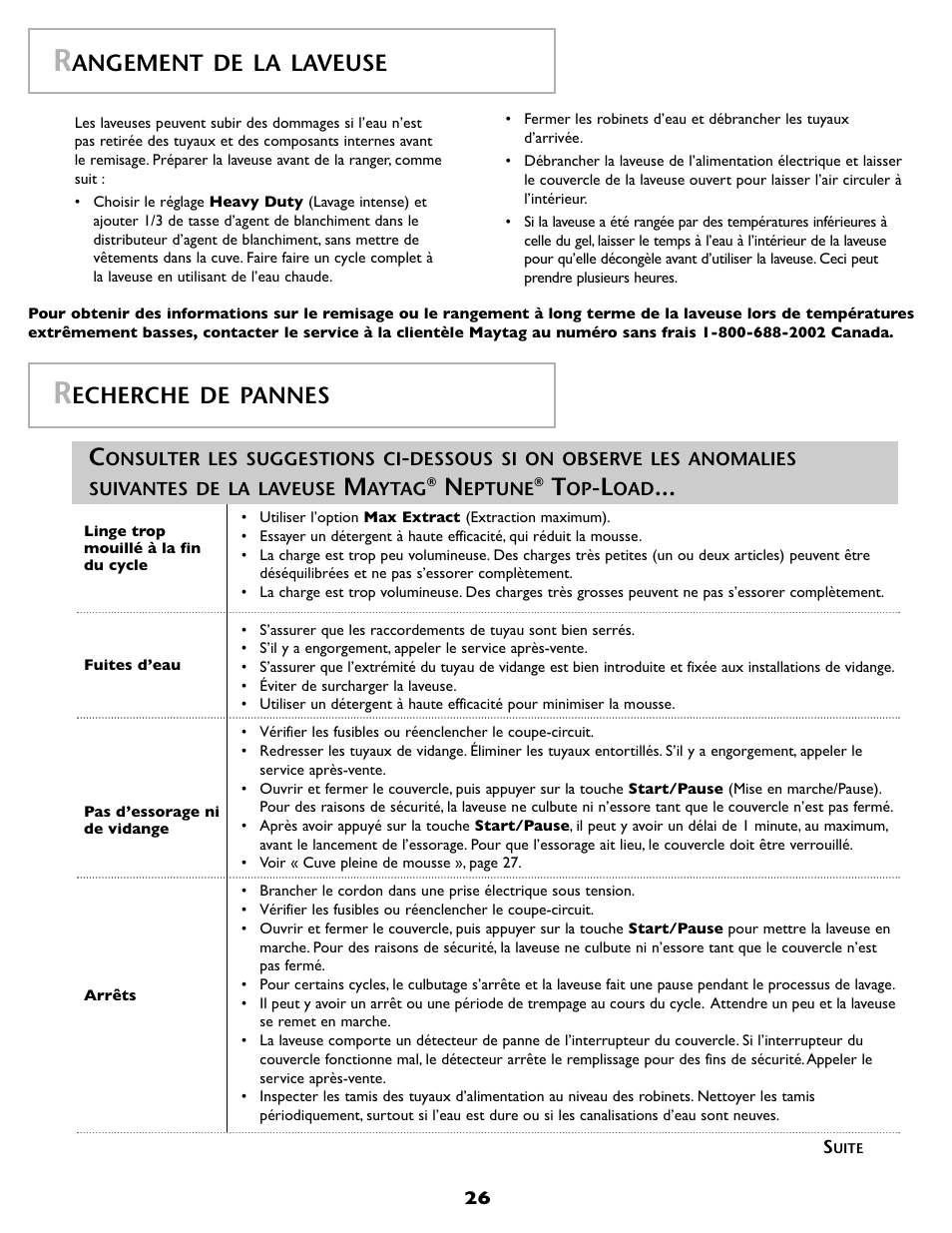 Angement de la laveuse, Echerche de pannes | Maytag FAV6800AWQ User Manual | Page 27 / 48
