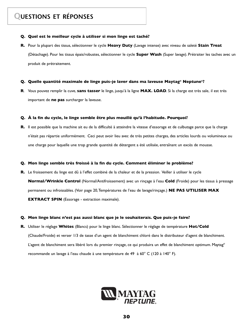 Uestions et réponses | Maytag FAV6800AWQ User Manual | Page 31 / 48