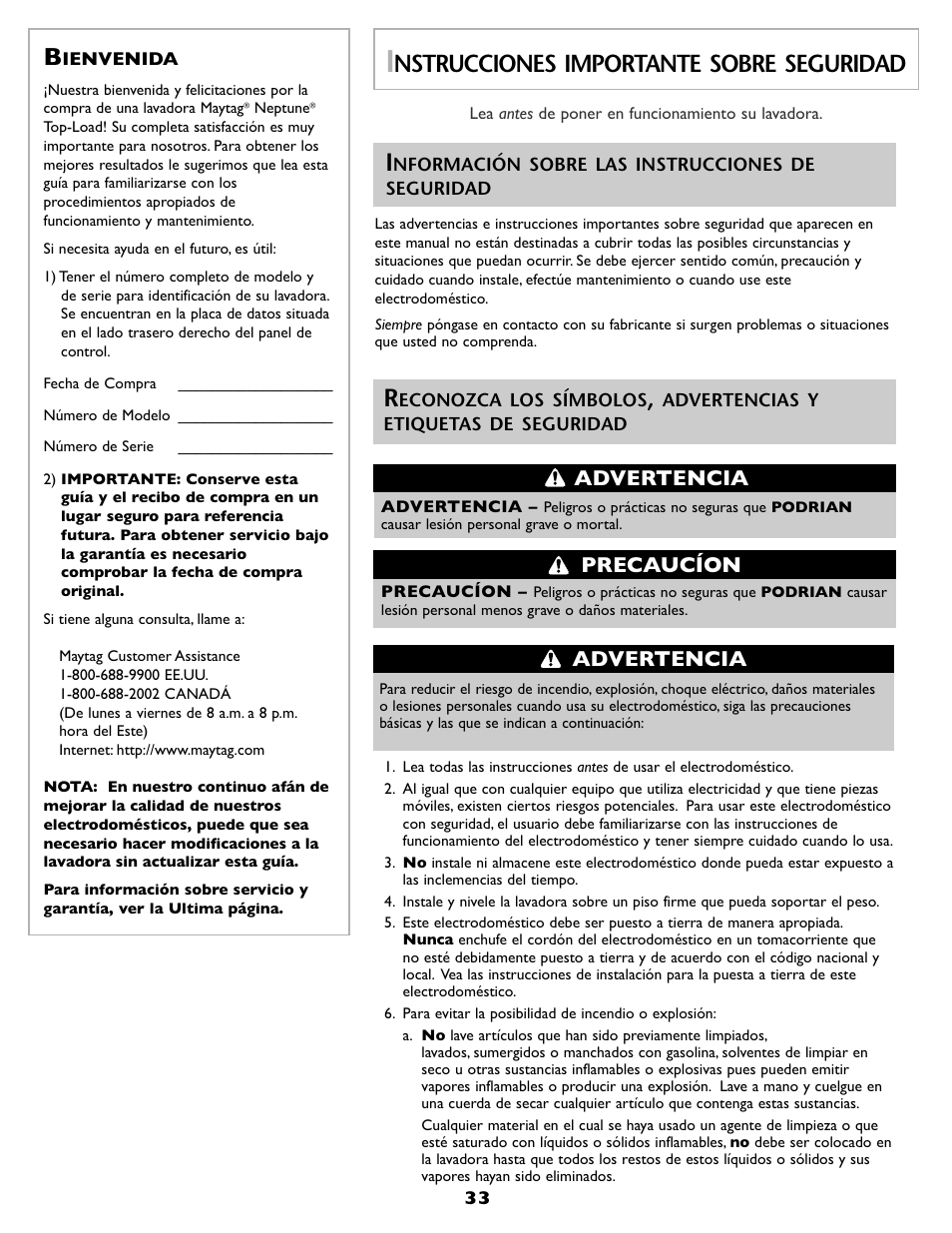 Nstrucciones importante sobre seguridad, Advertencia precaucíon, Advertencia | Maytag FAV6800AWQ User Manual | Page 34 / 48