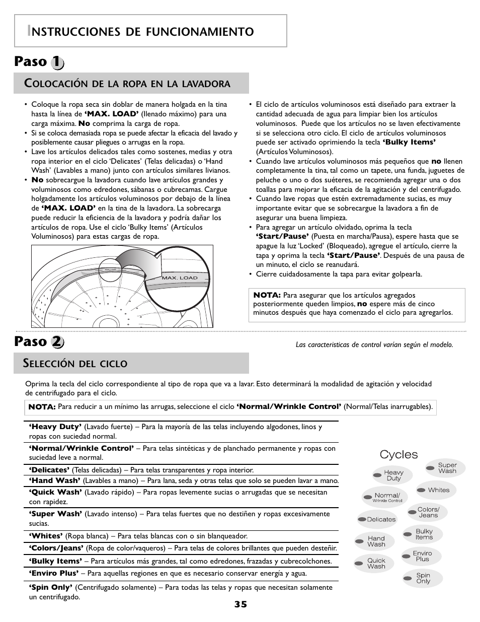 Paso 1 paso 2, Nstrucciones de funcionamiento | Maytag FAV6800AWQ User Manual | Page 36 / 48