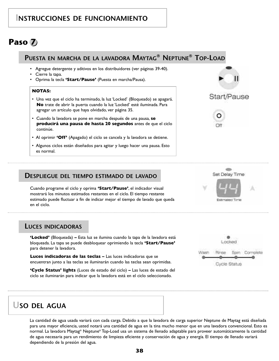 Paso 7, So del agua, Nstrucciones de funcionamiento | Maytag FAV6800AWQ User Manual | Page 39 / 48