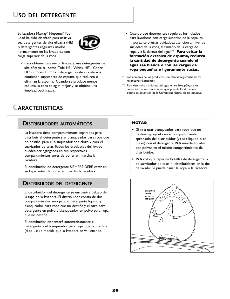 So del detergente, Aracterísticas | Maytag FAV6800AWQ User Manual | Page 40 / 48