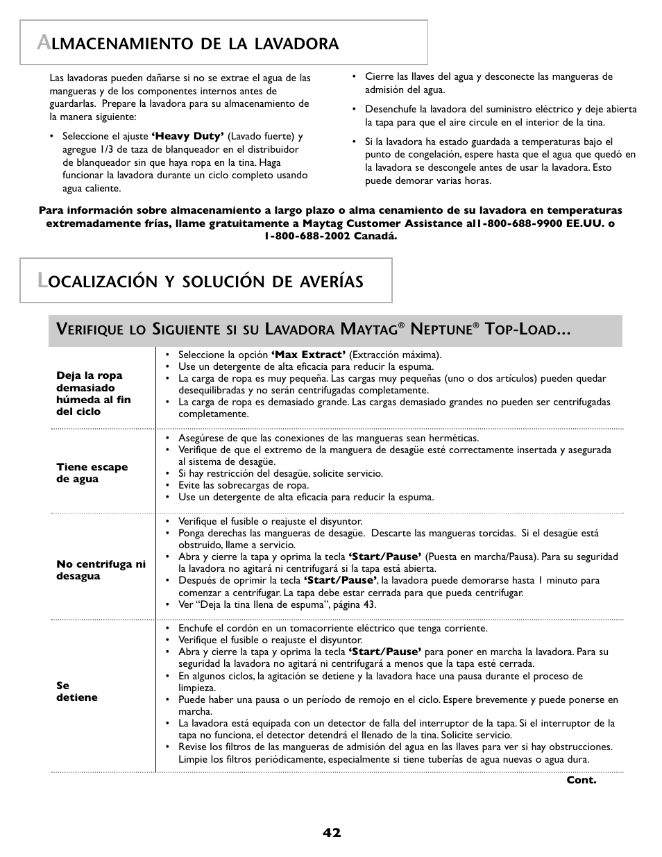 Lmacenamiento de la lavadora, Ocalización y solución de averías | Maytag FAV6800AWQ User Manual | Page 43 / 48