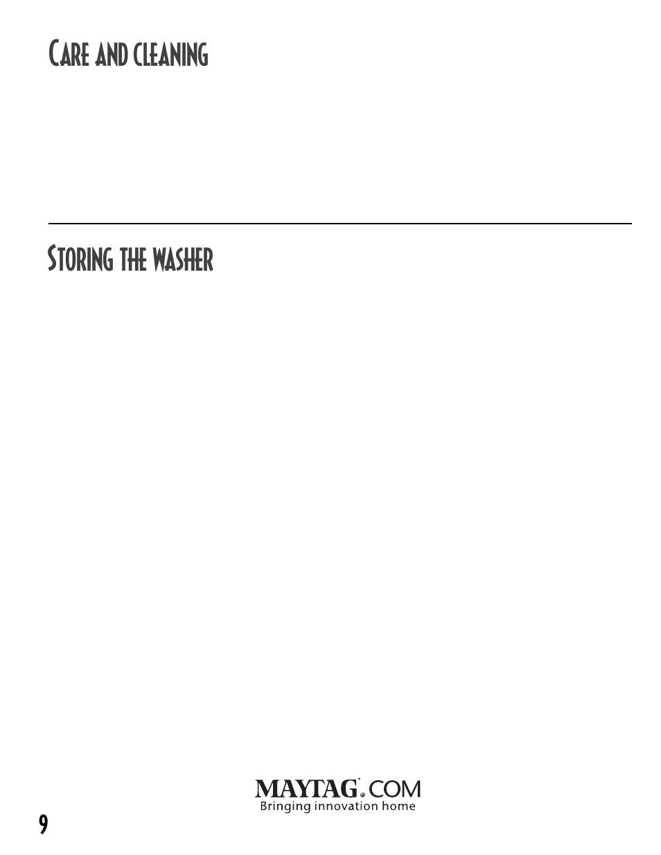 Are and cleaning, Toring the washer | Maytag MAV8600AWW User Manual | Page 10 / 36