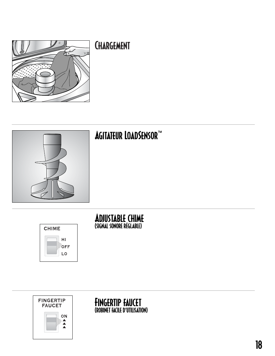 Chargement, Agitateur loadsensor, 18 adjustable chime | Fingertip faucet | Maytag MAV8600AWW User Manual | Page 19 / 36