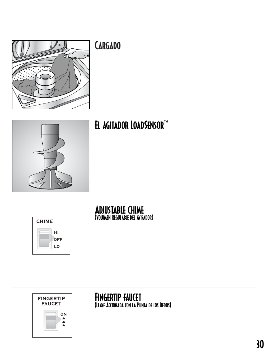 Cargado, El agitador loadsensor, Adjustable chime | Fingertip faucet | Maytag MAV8600AWW User Manual | Page 31 / 36