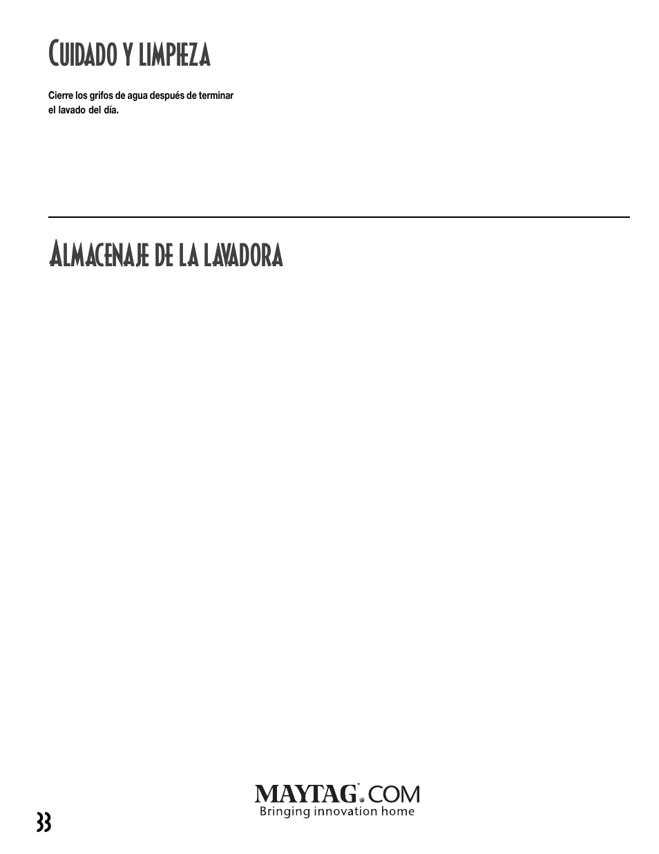 Uidado y limpieza, Lmacenaje de la lavadora | Maytag MAV8600AWW User Manual | Page 34 / 36