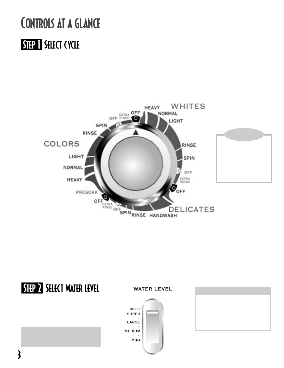 Ontrols at a glance, Step 1 select cycle, Step 2 select water level | Maytag MAV8600AWW User Manual | Page 4 / 36