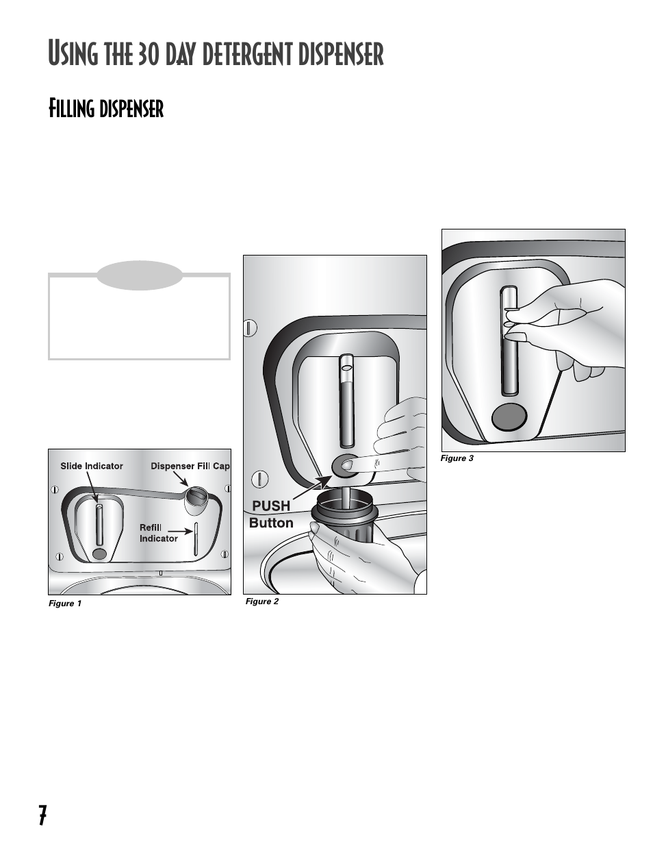 Sing the 30 day detergent dispenser, Filling dispenser | Maytag MAV8600AWW User Manual | Page 8 / 36