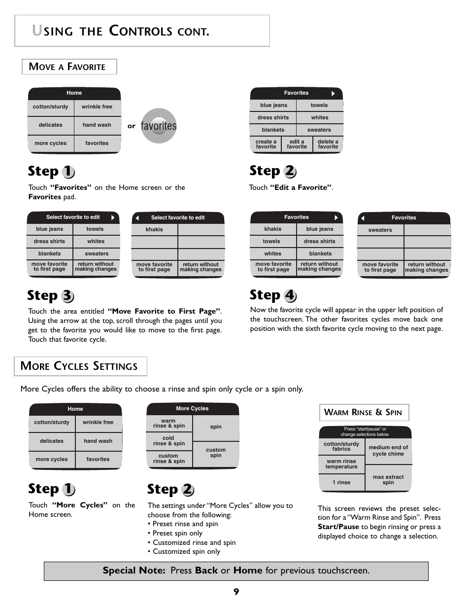 Step 1 step 2 step 3, Step 4, Step 1 | Step 2, Sing the, Ontrols, Cont, Ycles, Ettings | Maytag MAH7500AWQ User Manual | Page 10 / 80