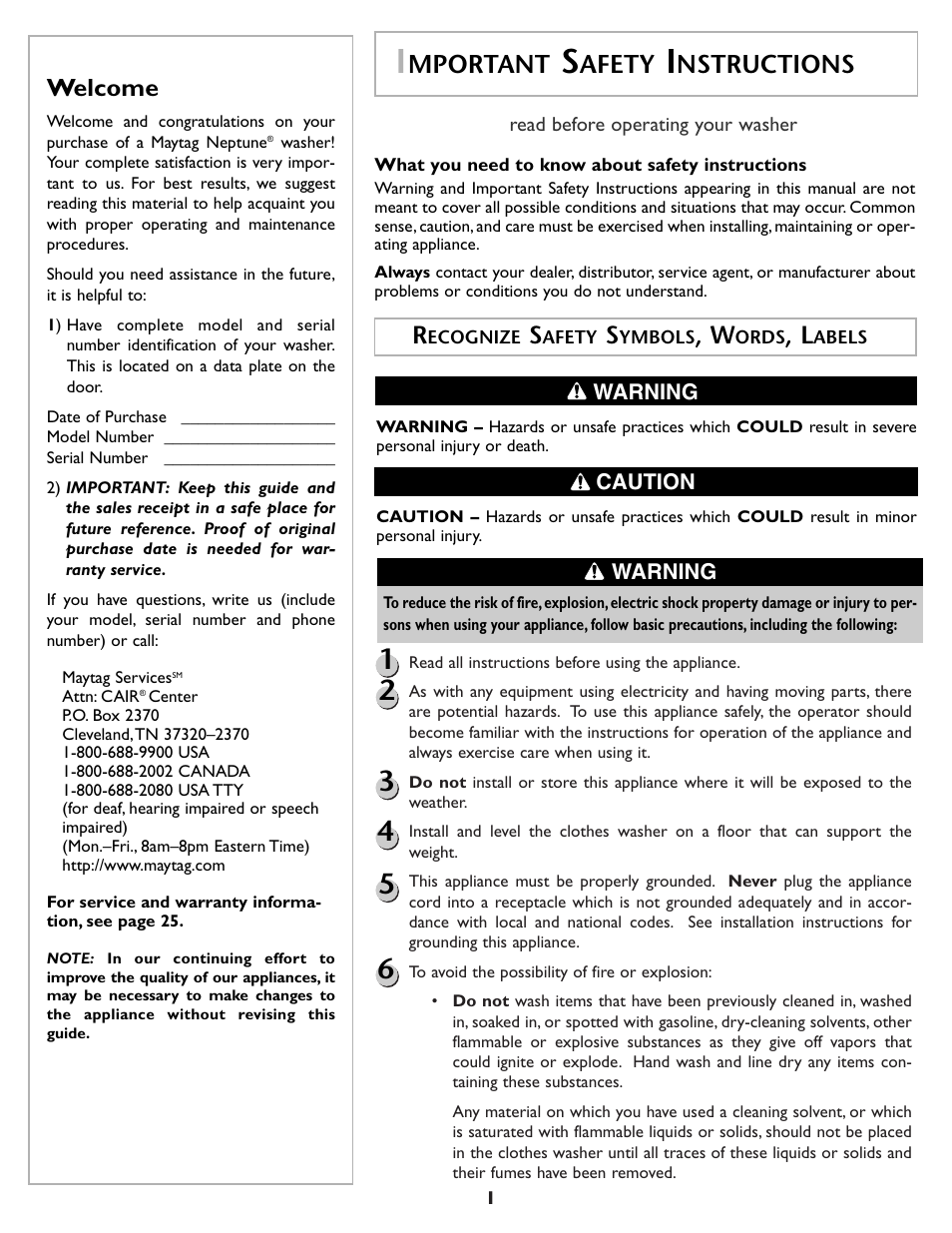 Mportant, Afety, Nstructions | Welcome | Maytag MAH7500AWQ User Manual | Page 2 / 80