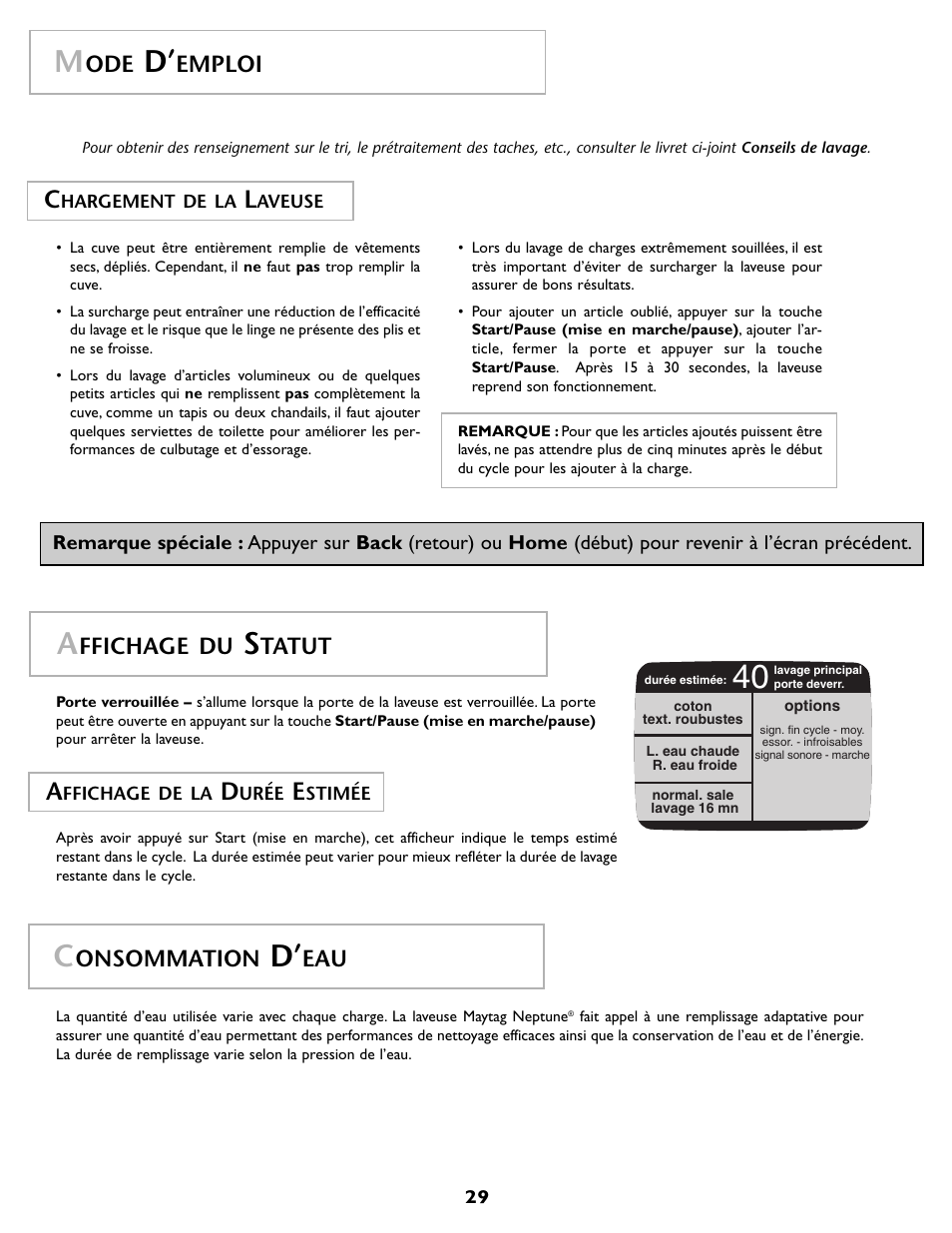 Ffichage du, Tatut, Onsommation | Emploi | Maytag MAH7500AWQ User Manual | Page 30 / 80