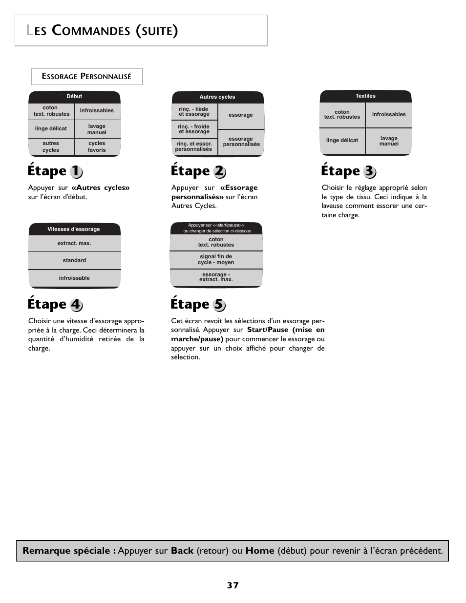 Étape 3, Étape 4, Étape 5 | Étape 1, Étape 2, Ommandes, Suite | Maytag MAH7500AWQ User Manual | Page 38 / 80