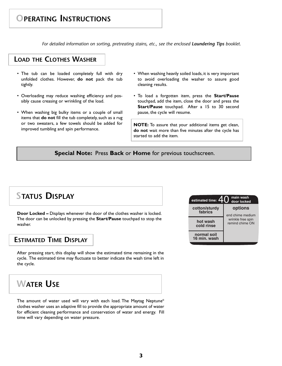 Tatus, Isplay, Ater | Perating, Nstructions | Maytag MAH7500AWQ User Manual | Page 4 / 80