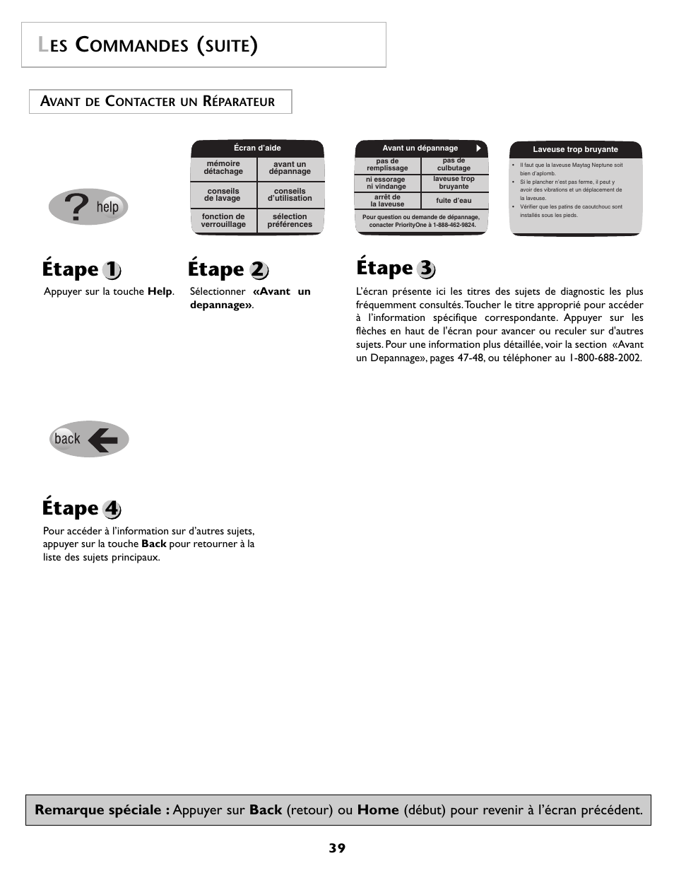 Étape 1 étape 2 étape 3 étape 4, Ommandes, Suite | Maytag MAH7500AWQ User Manual | Page 40 / 80