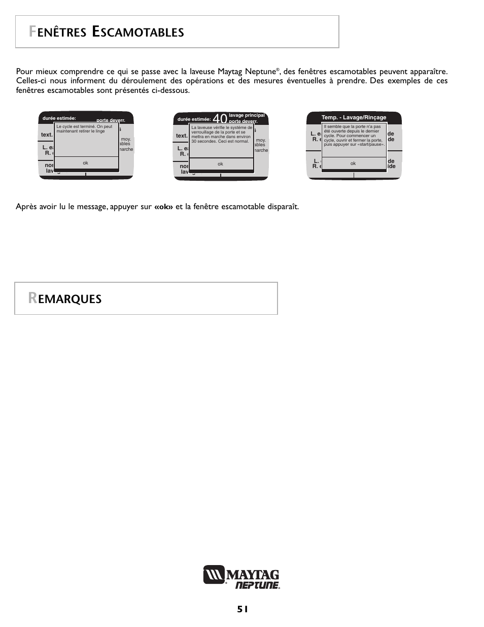 Enêtres, Scamotables, Emarques | Après avoir lu le message, appuyer sur, Et la fenêtre escamotable disparaît | Maytag MAH7500AWQ User Manual | Page 52 / 80