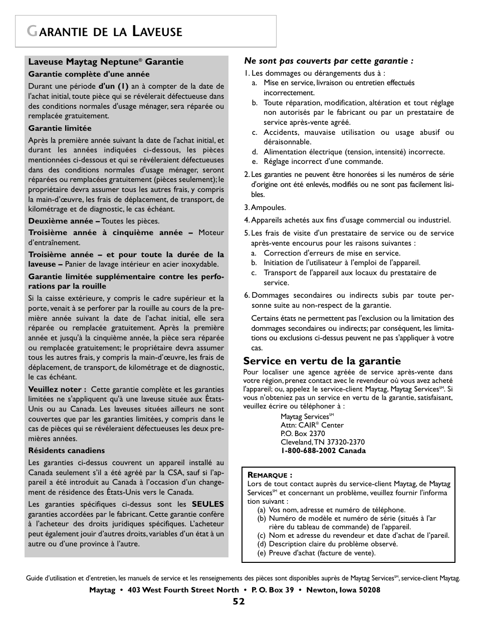 Arantie de la, Aveuse, Service en vertu de la garantie | Maytag MAH7500AWQ User Manual | Page 53 / 80