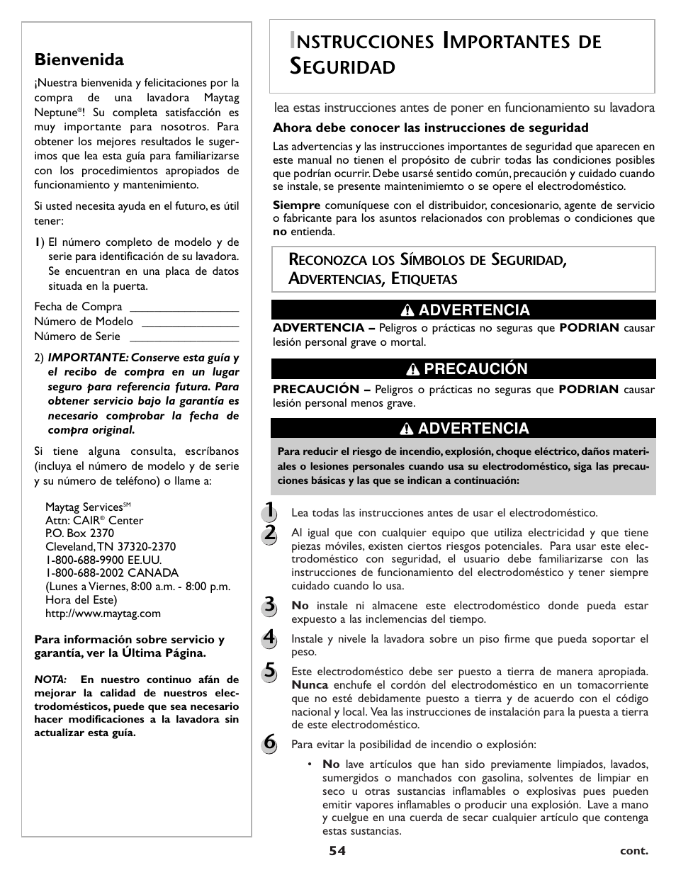 Nstrucciones, Mportantes de, Eguridad | Bienvenida | Maytag MAH7500AWQ User Manual | Page 55 / 80