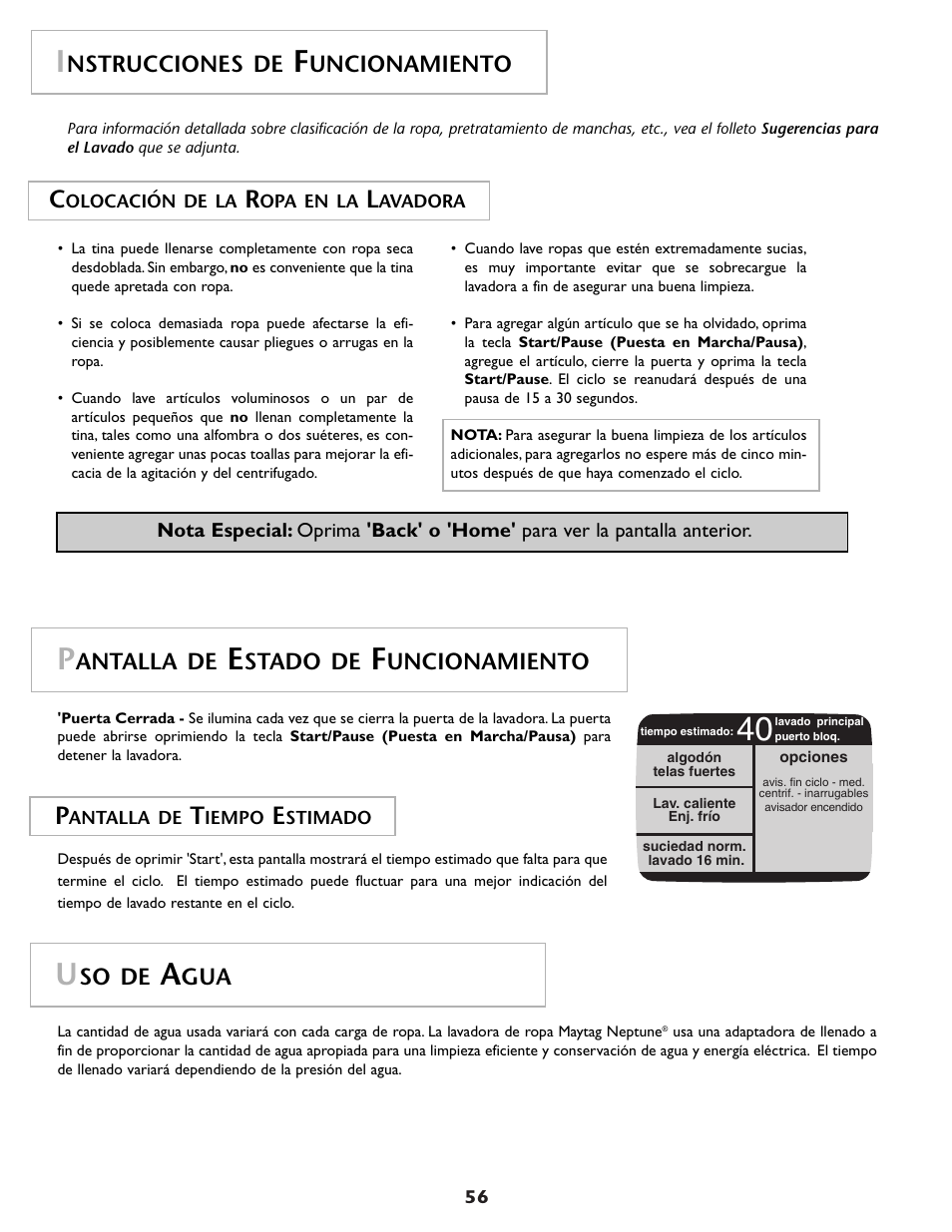 Antalla de, Stado de, Uncionamiento | So de, Nstrucciones de | Maytag MAH7500AWQ User Manual | Page 57 / 80